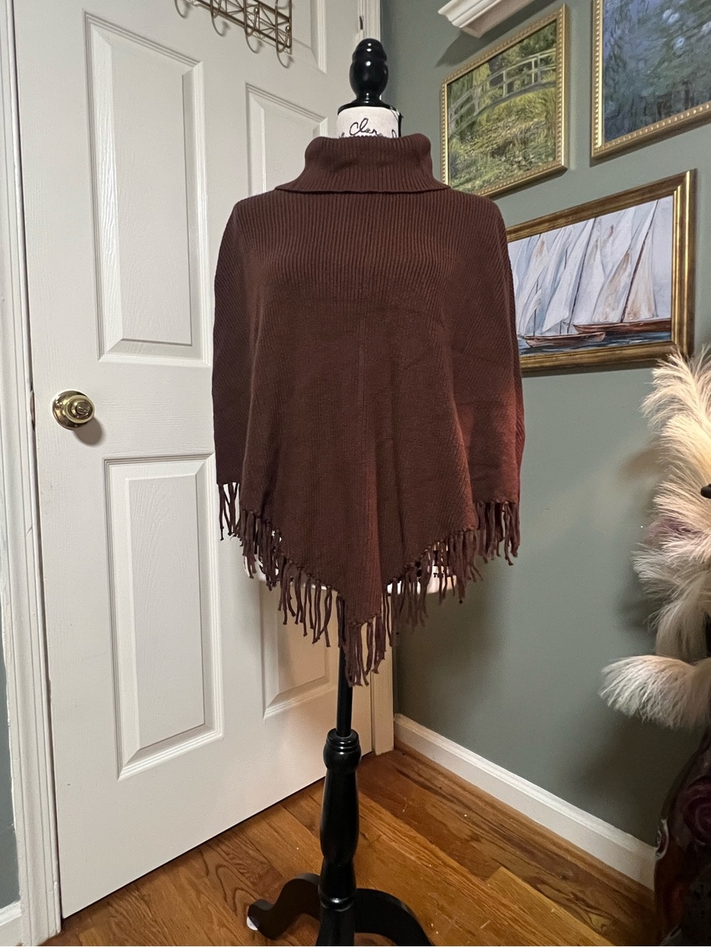 Talbots Brown Turtleneck Poncho With Fringe Cotton Blend